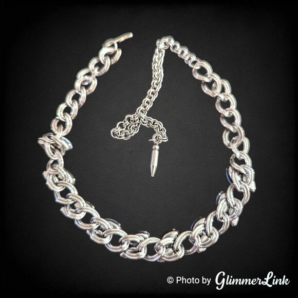 Vintage Blue Marquise Glass Cabochon Silver Tone Small Fit Choker Necklace - Picture 6 of 10